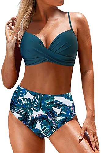 CheChury Bikini Damen Badeanzüge Push Up Bademode Crossover Bikini Oberteil V-Ausschnitt Gedruckt Bikinihose High Waist Zweiteiliger Badeanzug Gepolstert Strandbikini für Große Brüste,Blau,M von CheChury