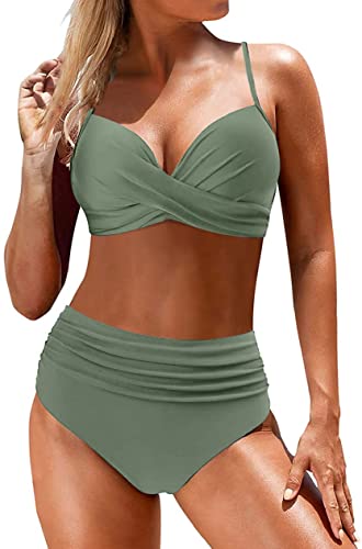 CheChury Bikini Damen Badeanzüge Push Up Bademode Crossover Bikini Oberteil V-Ausschnitt Gedruckt Bikinihose High Waist Zweiteiliger Badeanzug Gepolstert Strandbikini für Große Brüste,Grün,S von CheChury
