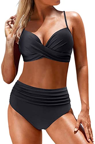 CheChury Bikini Damen Badeanzüge Push Up Bademode Crossover Bikini Oberteil V-Ausschnitt Gedruckt Bikinihose High Waist Zweiteiliger Badeanzug Gepolstert Strandbikini für Große Brüste,Schwarz,L von CheChury