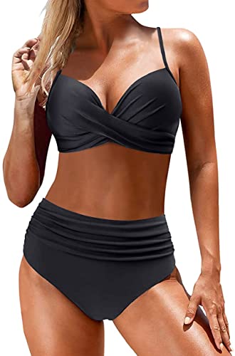 CheChury Bikini Damen Badeanzüge Push Up Bademode Crossover Bikini Oberteil V-Ausschnitt Gedruckt Bikinihose High Waist Zweiteiliger Badeanzug Gepolstert Strandbikini für Große Brüste,Schwarz,S von CheChury