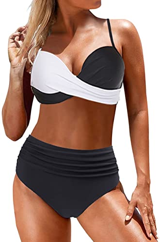 CheChury Bikini Damen Badeanzüge Push Up Bademode Crossover Bikini Oberteil V-Ausschnitt Gedruckt Bikinihose High Waist Zweiteiliger Badeanzug Gepolstert Strandbikini für Große Brüste,Weiß,L von CheChury