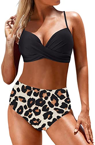 CheChury Bikini Damen Badeanzüge Push Up Bademode Crossover Bikini Oberteil V-Ausschnitt Gedruckt Bikinihose High Waist Zweiteiliger Gepolstert Strandbikini für Große Brüste,Leopardenmuster,M von CheChury