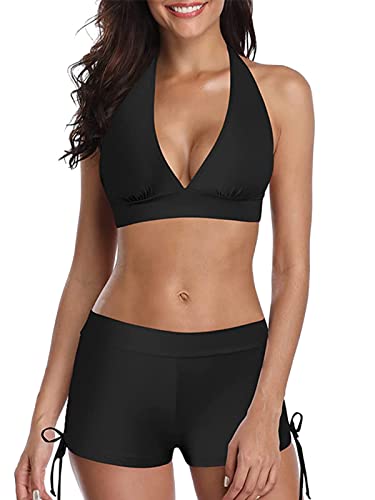 CheChury Bikini Damen Bademode Zweiteiliger Tankini mit Oberteile und Badeshorts Badeanzug Beachwear Zweiteiler Bademode mit Pads Crossover Zurück Riemen Bademode Push Up Bikini Sets Badeshorts Kurze von CheChury