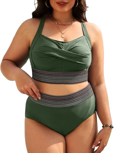 CheChury Bikini Damen Große Größen Hoher Taille Bikini Set Push Up Badeanzug Bauchweg Bademode Zweiteiliger Swimsuit Bikini Damen Set Bikini Oberteil Große Oberweite High Waist Bikinihose Grün XL von CheChury