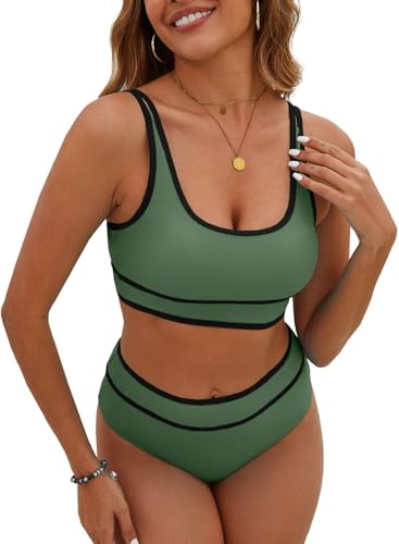 CheChury Bikini Damen Set Bauchweg Badeanzug Zweiteiliger Hohe Taille Bikini Set Sportlich Bademode High Waist Bikini Damen Push Up Sexy Bademode Bauchweg Sport Bikini Farbblock Swimsuit Grün-2 M von CheChury