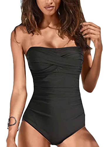 CheChury Damen Badeanzug Einfarbig Bandeau Monokini Figurformende Verstellbarer Schultergurt Badeanzüge Falten Bademode Schwimmanzug mit Abnehmbarer Schultergurt Sport Bademode Schwimmanzug von CheChury