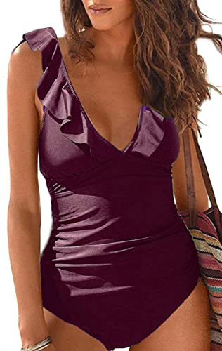 CheChury Damen Badeanzug Rückenfreier Rüsche Monokini Strappy Tiefer V Ausschnitt Figurformend Rückseite Einteiler Badeanzug Strandmode Swimsuit Push up Bademode Strandmode Damen Schwimmanzug von CheChury