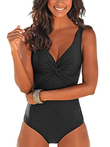 CheChury Damen Badeanzug Tiefen V Vintage Einteilige Bademode V Ausschnitt Monokini Bauchweg Badeanzug Triangel Plus Size Badebekleidung Strandmode One Piece Swimsuit Push Up Strandbikini,Schwarz,L von CheChury