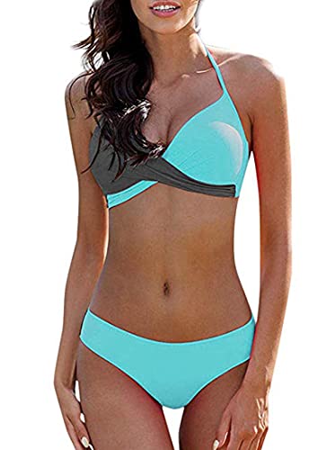 CheChury Damen Bademode Push Up Bikini Set Zweiteilige Badeanzug Strandkleidung Crossover Neckholder Triangel Oberteil Bikinihose Sexy Halter,Blau,L von CheChury