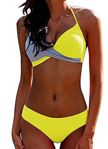 CheChury Damen Bademode Push Up Bikini Set Zweiteilige Badeanzug Strandkleidung Crossover Neckholder Triangel Oberteil Bikinihose Sexy Halter,Gelb,M von CheChury