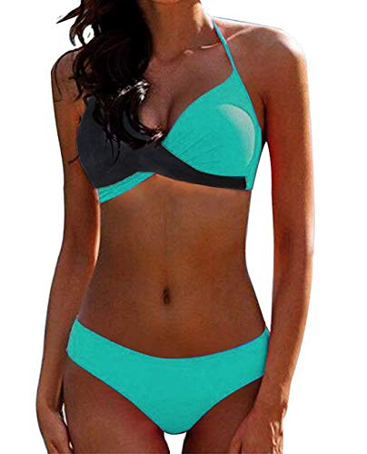 CheChury Damen Bademode Push Up Bikini Set Zweiteilige Badeanzug Strandkleidung Crossover Neckholder Triangel Oberteil Bikinihose Sexy Halter,Grün,S von CheChury