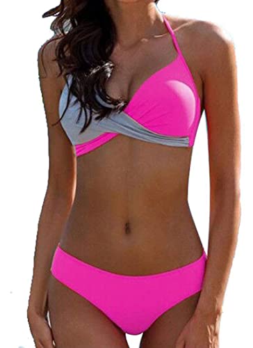 CheChury Damen Bademode Push Up Bikini Set Zweiteilige Badeanzug Strandkleidung Crossover Neckholder Triangel Oberteil Bikinihose Sexy Halter,Rosa,M von CheChury