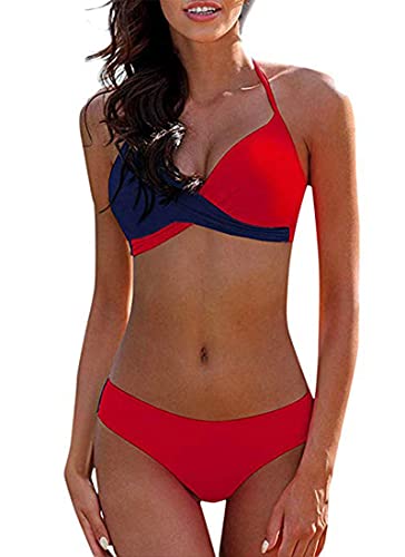 CheChury Damen Bademode Push Up Bikini Set Zweiteilige Badeanzug Strandkleidung Crossover Neckholder Triangel Oberteil Bikinihose Sexy Halter,Rot,L von CheChury