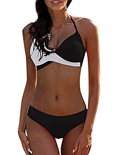 CheChury Damen Bademode Push Up Bikini Set Zweiteilige Badeanzug Strandkleidung Crossover Neckholder Triangel Oberteil Bikinihose Sexy Halter,Schwarz,L von CheChury