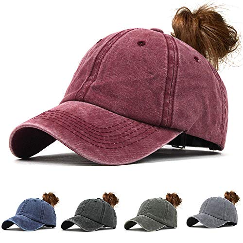 CheChury Damen Baseball Kappe Vintage Pferdeschwanz Cap Washed Ponytail Baseballmütze Mit Zöpfen Loch Loop Einstellbare Outdoor Sports Freizeit Basecap Unisex von CheChury