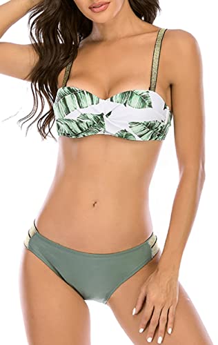 CheChury Damen Bikini Push Up Badeanzug Zweiteilige Damen Bandeau Bikini Set Spaghettiträger Sexy Bikinihose Niedriger Taille Tanga Bademode Strandmode,Grün,XL von CheChury