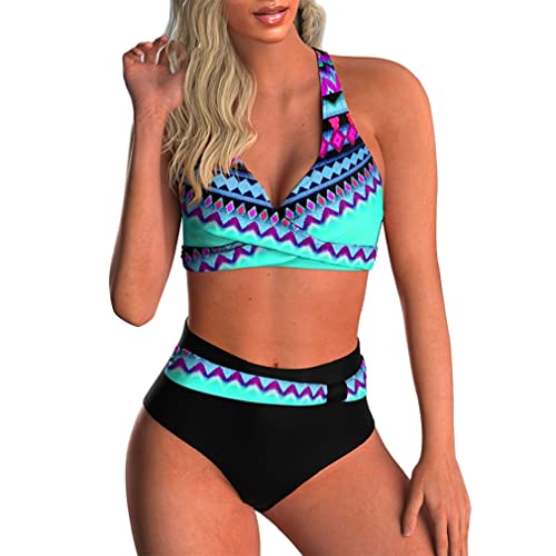 CheChury Damen Bikini Push Up Bademode Große Größen Badeanzug Gedruckt Retro Bikini Oberteil V-Ausschnitt Sexy Bikinihose Hoher Taille Bauchweg Badeanzug Verstellbar Crossover Ties-up,Blau,M von CheChury