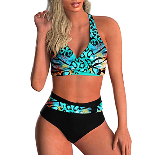 CheChury Damen Bikini Push Up Bademode Große Größen Badeanzug Gedruckt Retro Bikini Oberteil V-Ausschnitt Sexy Bikinihose Hoher Taille Bauchweg Badeanzug Verstellbar Crossover Ties-up,Grün,S von CheChury