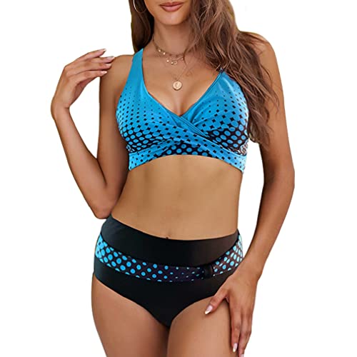 CheChury Damen Bikini Push Up Bademode Große Größen Badeanzug Gedruckt Retro Bikini Oberteil V-Ausschnitt Sexy Bikinihose Hoher Taille Bauchweg Badeanzug Verstellbar Crossover Ties-up,Schwarz,L von CheChury