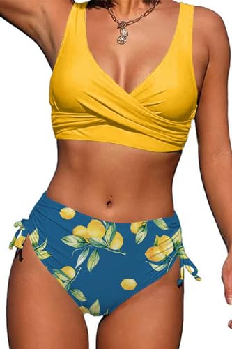 CheChury Damen Bikini Set Cross Back Badeanzüge Einfarbig Bademode Kordelzug Bikini Sexy Crossover Oberteil Triangel Bikinihose Hoher Taille Gepolstert Strandbikini Zweiteiliger,Gelb,XL von CheChury