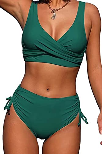 CheChury Damen Bikini Set Cross Back Badeanzüge Einfarbig Bademode Kordelzug Side Bikini Sexy Crossover Oberteil Triangel Bikinihose Hoher Taille Gepolstert Strandbikini Zweiteiliger,Grün,S von CheChury