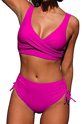 CheChury Damen Bikini Set Cross Back Badeanzüge Einfarbig Bademode Kordelzug Side Bikini Sexy Crossover Oberteil Triangel Bikinihose Hoher Taille Gepolstert Strandbikini Zweiteiliger,Rosa,L von CheChury