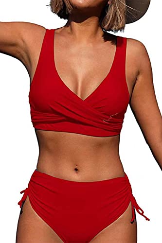 CheChury Damen Bikini Set Cross Back Badeanzüge Einfarbig Bademode Kordelzug Side Bikini Sexy Crossover Oberteil Triangel Bikinihose Hoher Taille Gepolstert Strandbikini Zweiteiliger,Rot,M von CheChury