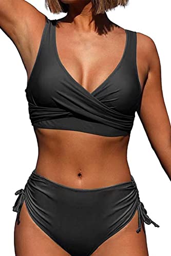 CheChury Damen Bikini Set Cross Back Badeanzüge Einfarbig Bademode Kordelzug Side Bikini Sexy Crossover Oberteil Triangel Bikinihose Hoher Taille Gepolstert Strandbikini Zweiteiliger,Schwarz,S von CheChury