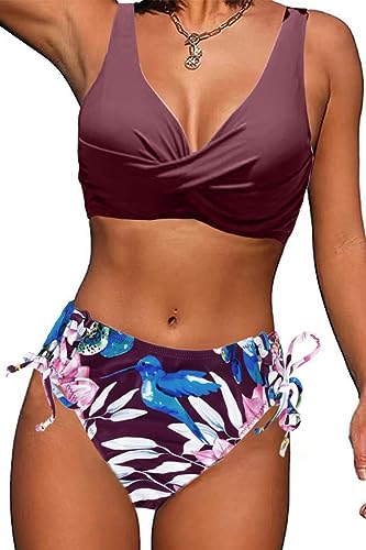 CheChury Damen Bikini Set Crossover Bustier Bademode Elegant Zweiteiliger Badeanzug Bandeau Bikini Bademode Badehosen mit Blummenmuster Tropicalmuster Badeanzug Strandkleidung Cross Back Twist Front von CheChury