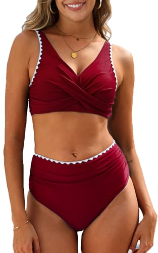 CheChury Damen Bikini Set Crossover Hohe Taille Bikini Set V Ausschnitt Bademode Zweiteiliger Bauchweg Sexy Bikini Damen Push up Bikini Set High Waist Zweiteiliger Badeanzug Farbblock Weinrot XL von CheChury