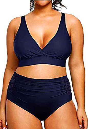 CheChury Damen Bikini Set Große Größen Bademode Push Up Badeanzug Einfarbig Sexy Bikini Set Triangel V-Ausschnitt Bikini Hose Hoher Taille Bauchweg Bikini Plus Size Strandbikini Große Brüste,Blau,XL von CheChury