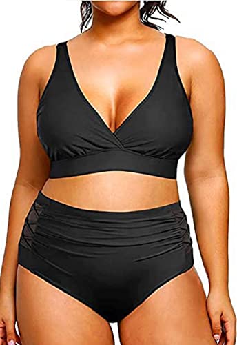 CheChury Damen Bikini Set Große Größen Bademode Push Up Badeanzug Einfarbig Sexy Bikini Triangel V-Ausschnitt Bikini Hose Hoher Taille Bauchweg Bikini Plus Size Strandbikini Große Brüste,Schwarz,XL von CheChury