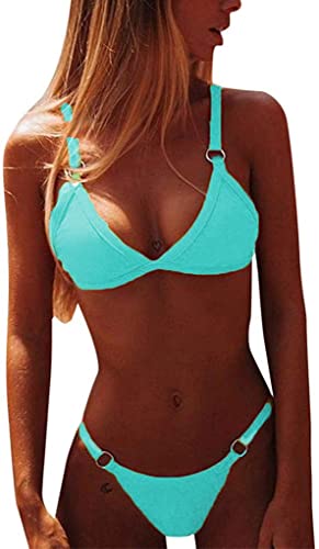 CheChury Damen Bikini Set Klassischer Zweiteilige Badeanzug Triangel Rückenfrei Bikinioberteil Verstellbare Bademode Brasilianer Tanga Bikinihose,Blau,M von CheChury