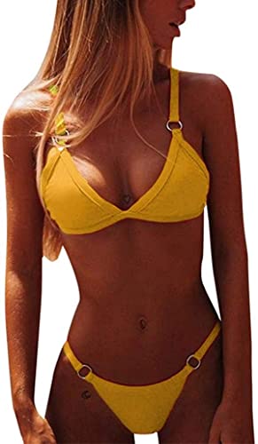 CheChury Damen Bikini Set Klassischer Zweiteilige Badeanzug Triangel Rückenfrei Bikinioberteil Verstellbare Bademode Brasilianer Tanga Bikinihose,Gelb,L von CheChury