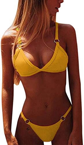 CheChury Damen Bikini Set Klassischer Zweiteilige Badeanzug Triangel Rückenfrei Bikinioberteil Verstellbare Bademode Brasilianer Tanga Bikinihose,Gelb,M von CheChury