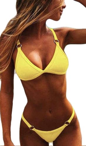 CheChury Damen Bikini Set Klassischer Zweiteilige Badeanzug Triangel Rückenfrei Bikinioberteil Verstellbare Bademode Brasilianer Tanga Bikinihose,Hellgelb,M von CheChury