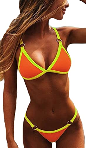 CheChury Damen Bikini Set Klassischer Zweiteilige Badeanzug Triangel Rückenfrei Bikinioberteil Verstellbare Bademode Brasilianer Tanga Bikinihose,Orange Grün,L von CheChury