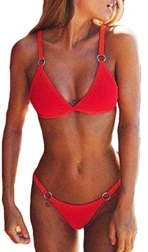 CheChury Damen Bikini Set Klassischer Zweiteilige Badeanzug Triangel Rückenfrei Bikinioberteil Verstellbare Bademode Brasilianer Tanga Bikinihose,Rot,L von CheChury