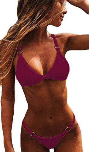 CheChury Damen Bikini Set Klassischer Zweiteilige Badeanzug Triangel Rückenfrei Bikinioberteil Verstellbare Bademode Brasilianer Tanga Bikinihose,Weinrot,XL von CheChury