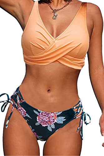 CheChury Damen Bikini Set Push Up Badeanzug Sexy Bademode Bikinioberteil V-Ausschnitt Gedruckt Bikinihose High Waist Verstellbar Crossover Ties-up Gepolstert Strandbikini für Große Brüste,Orange,XL von CheChury