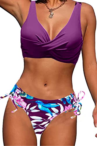 CheChury Damen Bikini Set Push Up Badeanzug Sexy Bademode Bikinioberteil V-Ausschnitt Gedruckt Bikinihose High Waist Verstellbar Crossover Ties-up Gepolstert Strandbikini für Große Brüste,Violett,XXL von CheChury