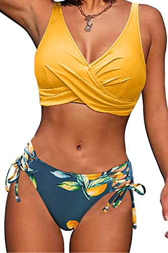 CheChury Damen Bikini Set Push Up Badeanzug Sexy Bademode Bikinioberteil V-Ausschnitt Gedruckt Bikinihose High Waist Verstellbar Crossover Ties-up Gepolstert Strandbikini für Große Brüste,Gelb,M von CheChury