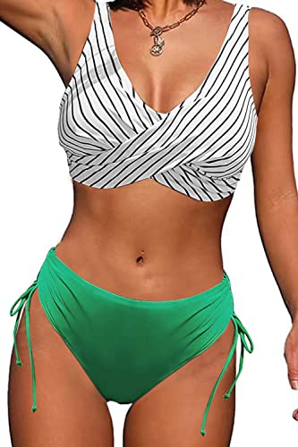 CheChury Damen Bikini Set Push Up Badeanzug Sexy Bademode Bikinioberteil V-Ausschnitt Gedruckt Bikinihose High Waist Verstellbar Crossover Ties-up Gepolstert Strandbikini für Große Brüste,Grau,L von CheChury