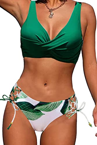 CheChury Damen Bikini Set Push Up Badeanzug Sexy Bademode Bikinioberteil V-Ausschnitt Gedruckt Bikinihose High Waist Verstellbar Crossover Ties-up Gepolstert Strandbikini für Große Brüste,Grün,M von CheChury