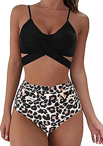 CheChury Damen Bikini Set Verstellbar Einfarbig Crossover Ties-up Neckholder Bikinioberteil Zweiteiliger Badeanzug Triangel Gedruckt Niedrige Taille Sport Bikinihose Strandkleidung von CheChury