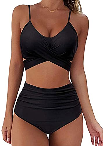 CheChury Damen Bikini Set Verstellbar Einfarbig Crossover Ties-up Neckholder Bikinioberteil Zweiteiliger Badeanzug Triangel Gedruckt Niedrige Taille Sport Bikinihose Strandkleidung von CheChury