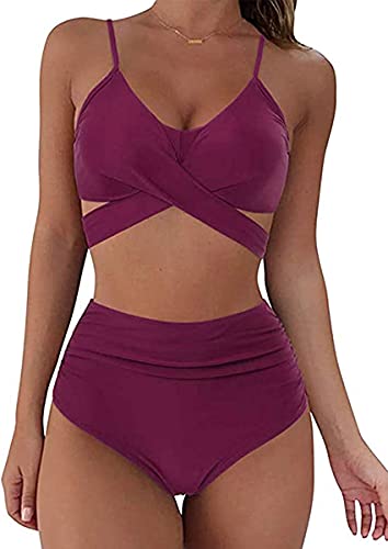 CheChury Damen Bikini Set Verstellbar Einfarbig Crossover Ties-up Neckholder Bikinioberteil Zweiteiliger Badeanzug Triangel Gedruckt Niedrige Taille Sport Bikinihose Strandkleidung von CheChury