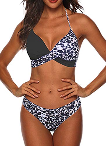 CheChury Damen Bikini Set Verstellbar Klassischer Crossover Ties-up Neckholder Bikinioberteil Zweiteiliger Badeanzug Triangel Gedruckt Bikinihose Strandkleidung von CheChury