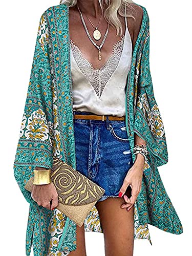 CheChury Damen Blumendruck Kimono Strickjacke Boho Strandkleid Badeanzug Pareos Poncho Sommer Strand Cardigan Bikini Cover Up Kimono Langes Strandkleid Bikini Schwimmbekleidung von CheChury