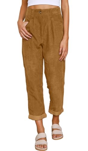 CheChury Damen Cordhose Lässig Cord Hosen Hohe Casual Taille Lange Elegant Nadelstreifen Freizeithose Gerade Bein Baggy Hosen Mit Taschen Knopfleiste Reißverschluss Einfarbig Freizeithose von CheChury